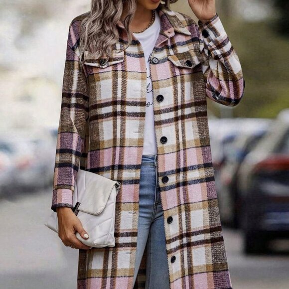 Pink Elegant Women's Plaid Long Sleeve Button Up Flannel Shirt Shacket - Picture 4 of 4